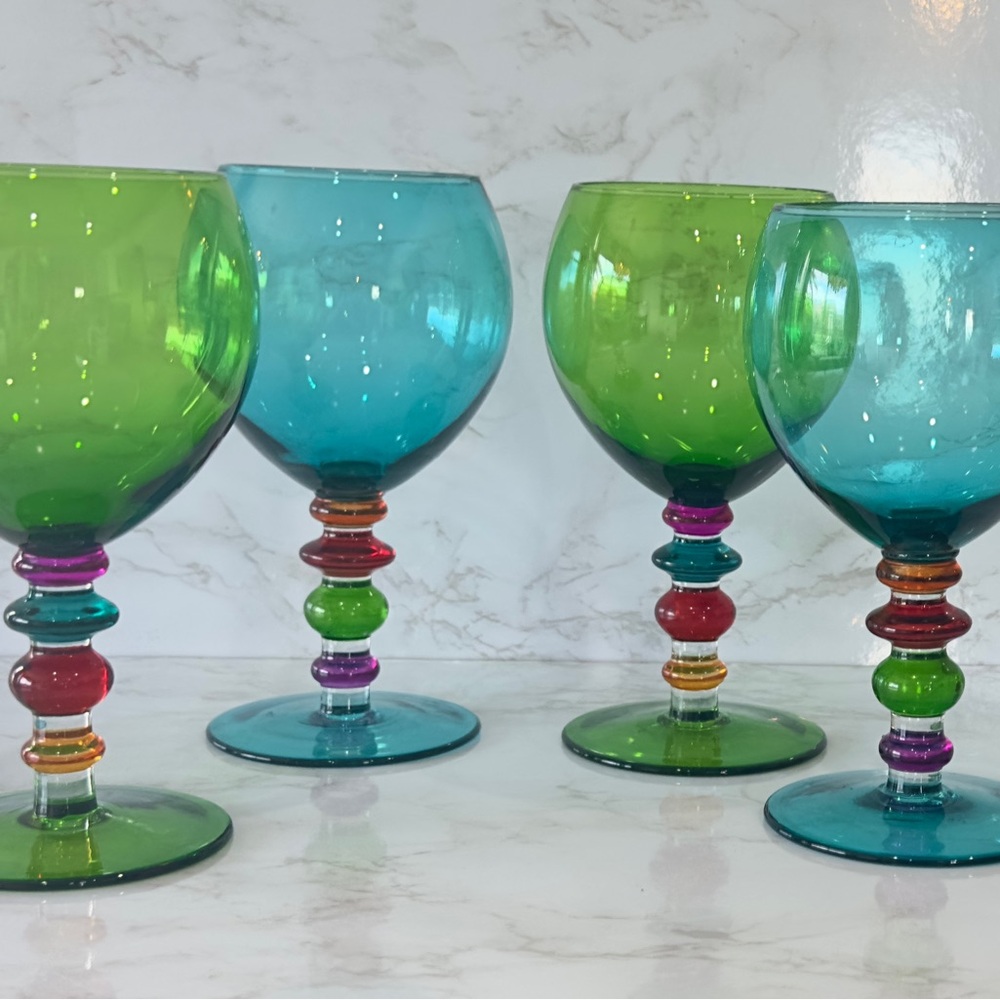 Pier 1 Set of 4 “New Vintage” Handblown Teal Green Goblets with Jewel Tone Stem